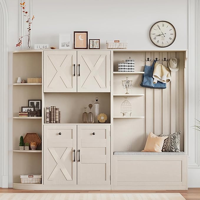 Multifunctional Hall Tree with 4 Hooks, Wood Hall Tree with Open Shelving and Flip Hidden Shelf, Left-Right Combination Coat Rack (can be Used Separately), Entryway Bench (Beige/45c)