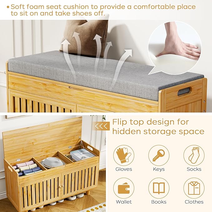 Shoe Storage Bench Coat Rack Set, 35.4" Bamboo Shoes Bench with Lift Top Hidden Storage & Wall Hooks, Hall Tree Entryway Bench with Seat Cushion, 2-Tier Shoe Cabinet for Entryway, Living Room, Bedroom