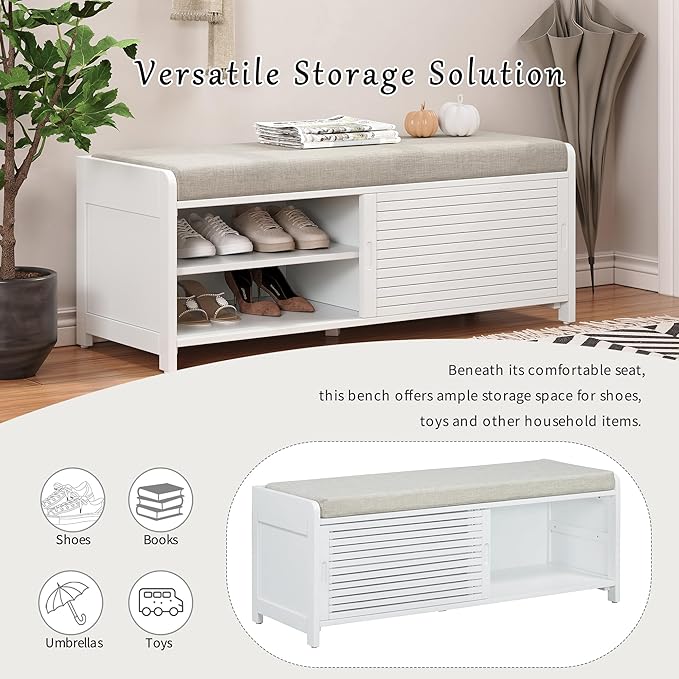 Amposei Modern Classic Storage Bench 43.3-Inch Wooden Entryway Shoe Storage Bench Cabinet with Removable Seat Cushion & Sliding Shutter-Style Doors for Living Room Entrance Hallway, White