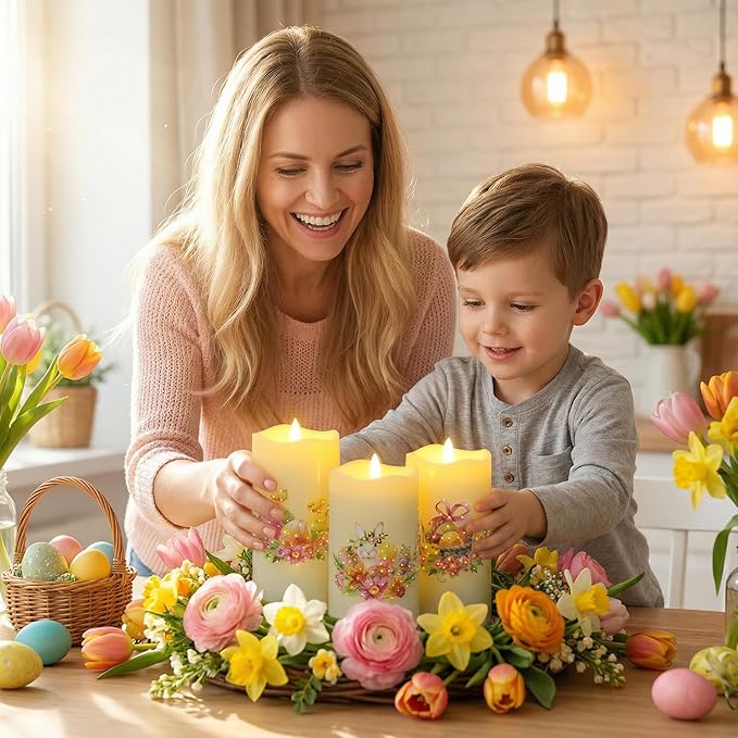 Eywamage Fiber Optic Easter Flameless Candles with Remote, Flickering Spring LED Pillar Candles Battery Operated Set of 3
