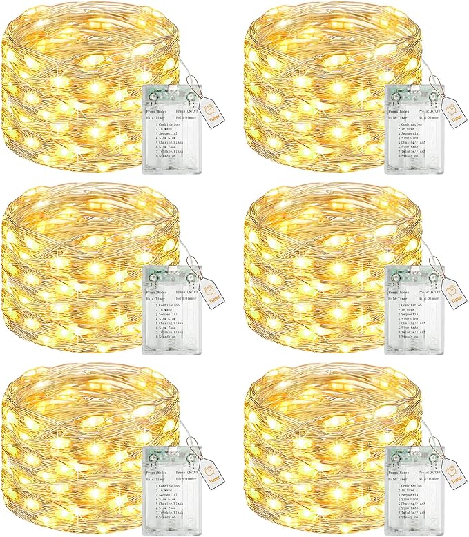 btfarm 6 Pack Fairy Lights Battery Operated with Timer, 16.4 FT 50 LED Silver Wire Twinkle String Lights 8 Modes Dimmable Waterproof for Indoor Christmas Bedroom Wedding Decorations, Warm White