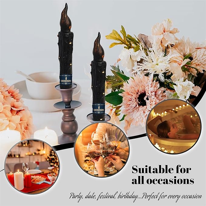 Magical Candlesticks Flameless Taper Candle, 2pcs Black LED Tapered Candles Remote Dipped Candle 6inch Battery Chandelier for Enchanting Weddings and Harry Potter Inspired Vigils(LW2P-BA)