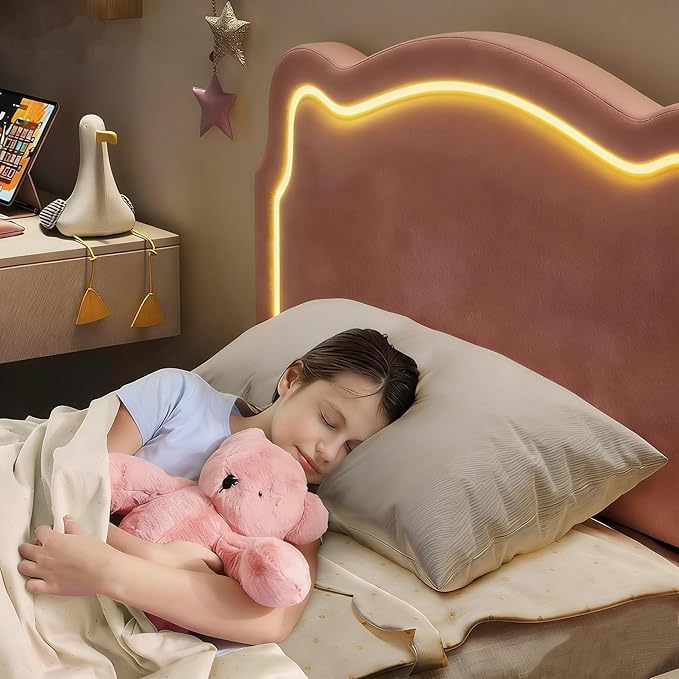 GarveeHome Twin Upholstered Smart LED Bed Frame with Headboard, Velvet Princess Platform Bed Frame for Kids, Wooden Slats Support, No Box Spring Needed (Rose)