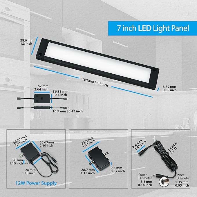 EShine 3 Pack 7 inch Black Smart Dimmable LED Under Cabinet Lighting Kit Compatible with Alexa, Google - Warm White (3000K)