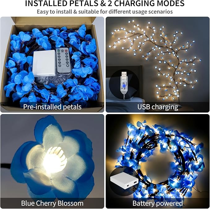 Cherry Enchanted Willow Vine Lights, 4FT 48LED Blue Cherry Blossom Tree Branch Lights for Wall with USB Battery Box,Remote Timer,8 Light Model, Indoor Bedroom Wall Doors Wedding, Christmas