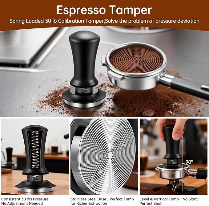 9 Pcs Espresso Accessories Kit, 54mm Espresso Tamper Tools, with Wooden Espresso Tamping Station, Distributor, Stirrer, Dosing Funnel,Puck Screen, Brush, Latte Art Pen and Decorative Stencils