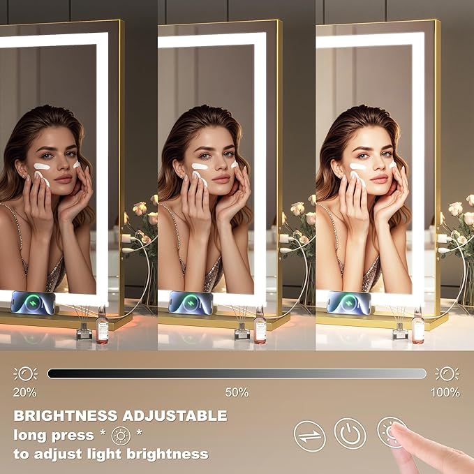 Hasipu Vanity Mirror with Lights, 32" x 22" LED Makeup Mirror, Lighted Makeup Mirror with Dimmable 3 Modes, Touch Screen Control Vanity Mirror Square Gold