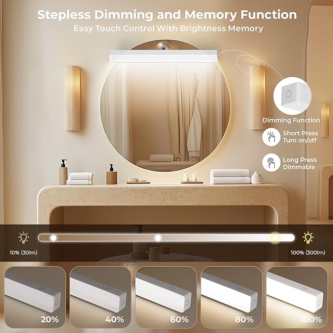 Rechargeable LED Vanity Mirror Light - Dimmable 6500K Makeup Light with Timer, 360° Adjustable Angle, Wireless Cordless Suction Stick-On Installation for Bathroom, Portable Vanity Lighting