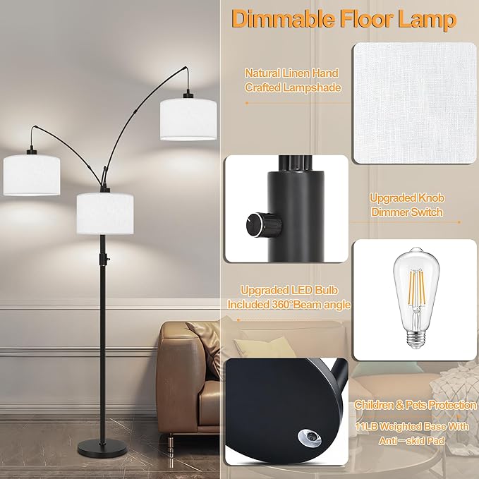 Dimmable Floor Lamp - 3 Lights Arc Floor Lamps for Living Room,Modern Tall Standing Tree Lamp with White Drum Linen Shade & Heavy Base,Mid Century Floor Lamp for Bedroom Corner Office,Bulbs Included