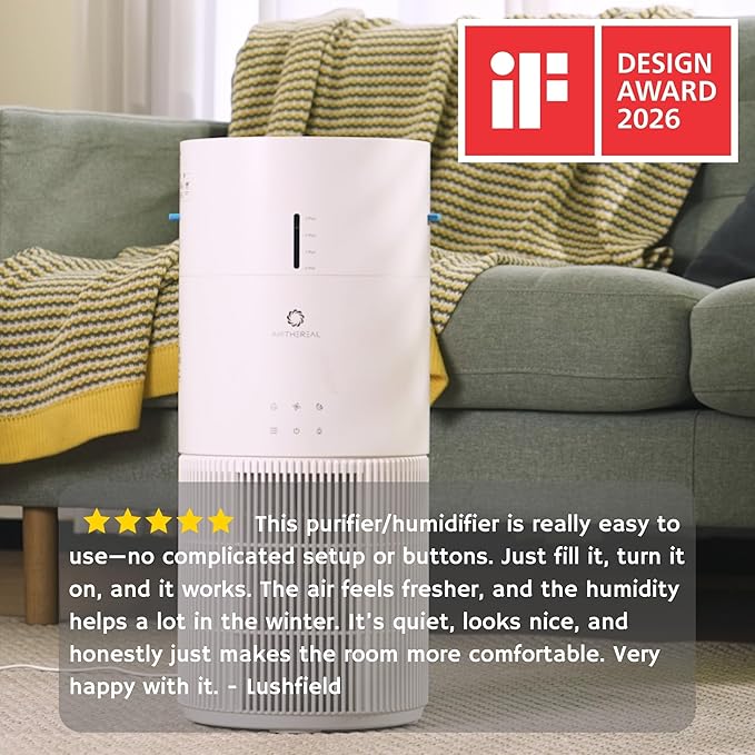 Airthereal 2-in-1 Air Purifier and Humidifier Combo for Large Room up to 1325 ft², 3-Stage Filters, Air Quality Monitor and Quiet Sleep Mode, Evaporative Humidifier with Hygrometer, AEH300