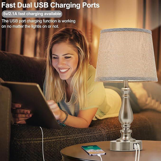 Table Lamps for Bedroom Set of 2,Dimmable Touch Bedside Lamps with Dual USB A+C Ports - Nightstand Lamp for End Table Modern Night Stand Lamps for Living Room Guest Room