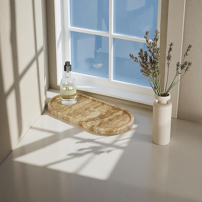 Marble Vanity Tray Organizer - 9.8"x5" Italy Natural Stone Decorative Tray，Jewelry, Perfume & Candle Display Tray，Bathroom Vanity, Dresser Top, Nightstand Decor
