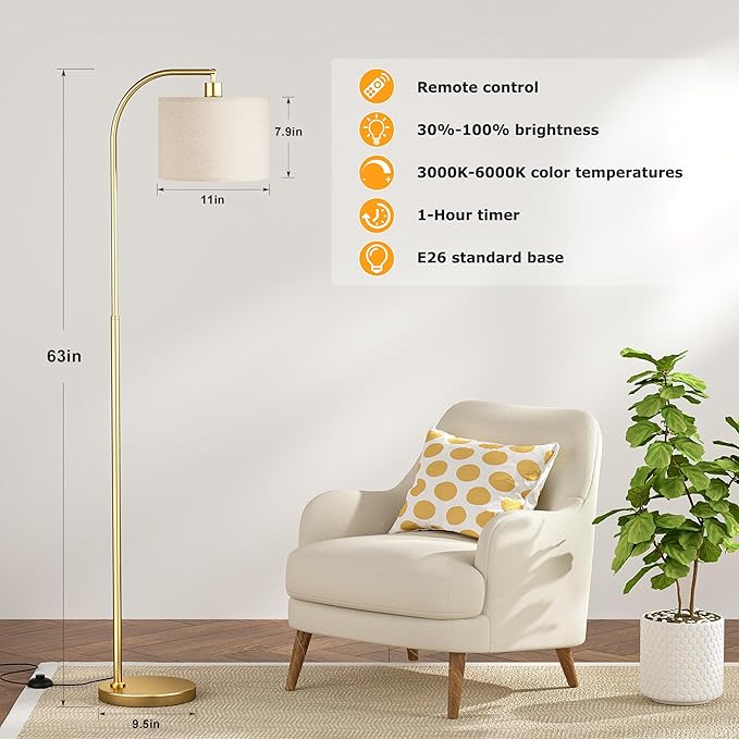 Ambimall Arc Floor Lamp with Remote and Stepless Dimmable Bulb, Colors Temperature & Brightness Adjustable, Gold Floor Lamps for Living Room（Deep Beige Shade & Gold Pole）