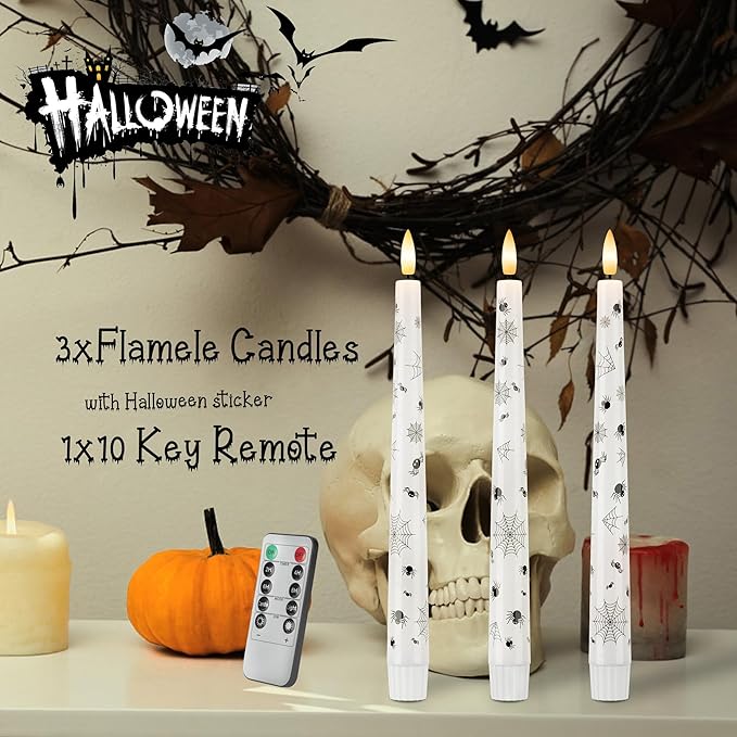 Halloween Candles with Spider Web, Spider, 9.6”Real Wax Flameless Taper Candles with Remote & Timer, 3 Pack Battery Operated Halloween Led Candlesticks for Party Home Decor