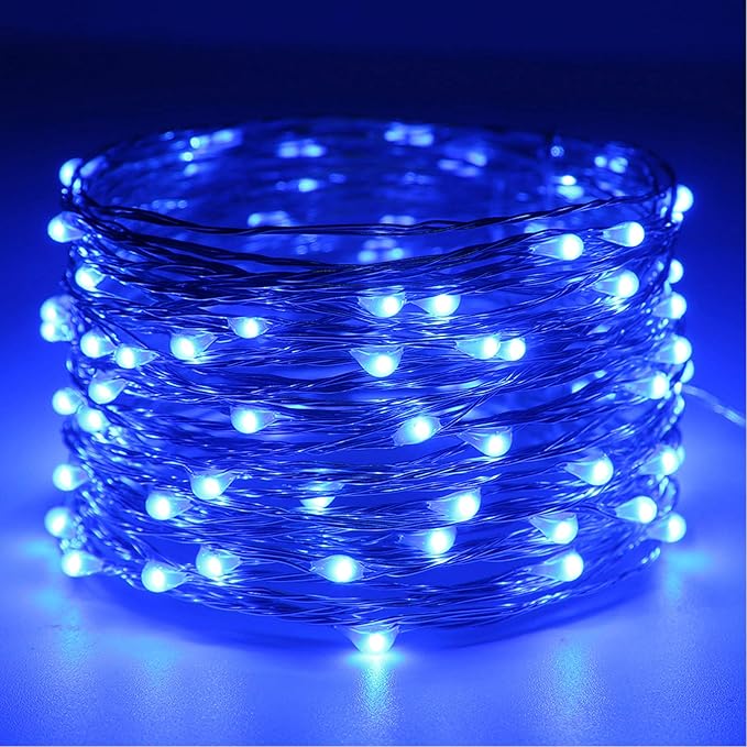 RUICHEN Silver Wire Fairy Lights Plug in 33 Ft 100 LED String with Spool, Blue