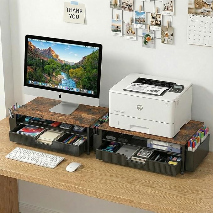 Desk Organizer and Accessories, 2-Tier Computer Monitor Stand Rise with Storage Drawer & 2 Pen Holders, Laptop & Printer Stand for Desktop, Workspace Organizers for Office Supplies (Brown)