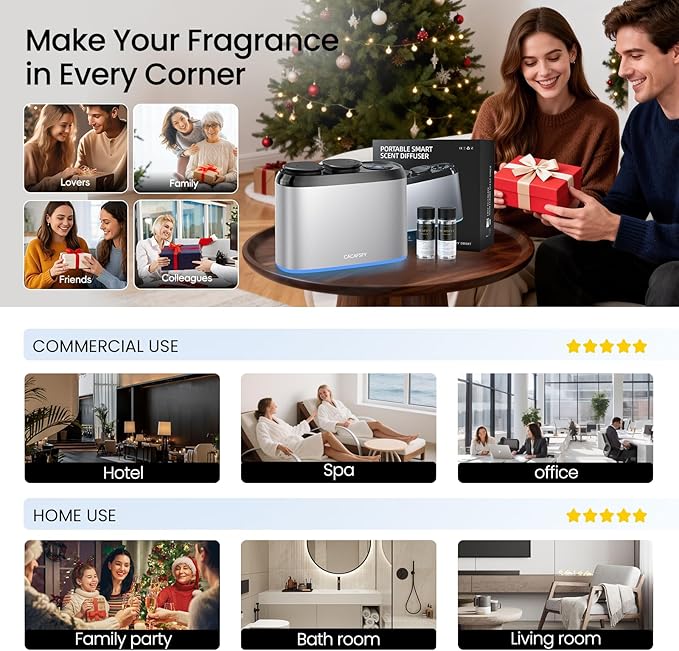 Waterless Scent Diffuser,2 * 50ml Hotel Scent Oils Included-Whole House Air Freshener-Scent Diffusers for Home,Office,Essential Oil Diffuser Large Room,Smart, Cold-Air Tech,App Control Silver