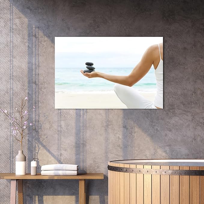 GUTTATY Zen Wall Art Decor, Modern Bathroom Zen Decor Wall Art, Relaxing Canvas Wall Art for Spa Zen Room Decor, Meditation Facing The Sea and Pebble Art Paintings for Office & Spa Decor 18x24 Inches