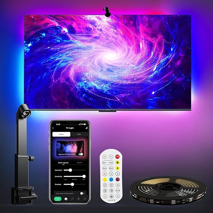 TV LED Backlight with Camera for 55-65 inch Screens, 13Ft LED Strip Lights Sync to Screen & Music, RGB Built in Chip Strip Lights Color Changing, Smart App Control, USB Power