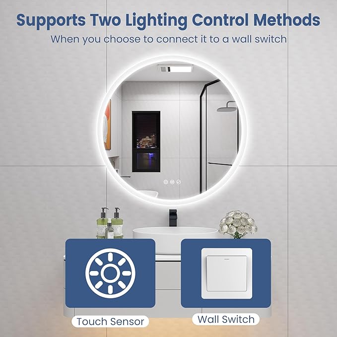 STARLEAD 36" Round LED Bathroom Mirror with Bluetooth Speaker, Dimmable Lighting, 3 Color Modes, Anti-Fog, Touch Control Wall Mounted Vanity Mirror