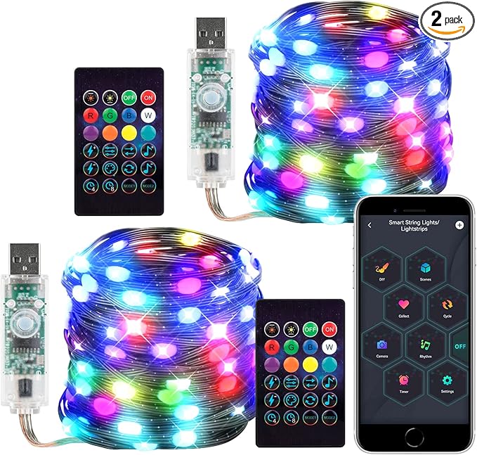 Smart Fairy String Lights 2 Pack WS2812B 33FT USB Bluetooth Twinkle with Timer and Remote, Music Sync Funny Modes Color Chasing Lights for Bedroom Curtain Christmas Wedding Party Decor IP65