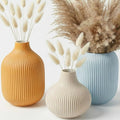 Set of 3 Small Matte Vibrant Ceramic Vases in Light Blue, Mustard Yellow and Beige - Modern Minimalist Ribbed Decor for Centerpiece, Farmhouse Living Room, Kitchen Shelf, Gift Idea