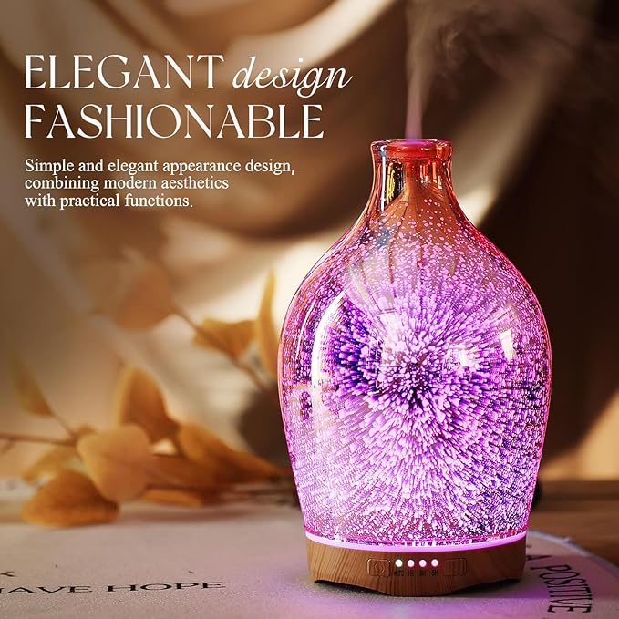 Porseme 280ml Essential Oil Diffuser 3D Glass Aromatherapy Ultrasonic Humidifier - Auto Shut-Off, Timer Setting, BPA Free for Home Hotel Yoga Leisure SPA Gift(Rose Gold)
