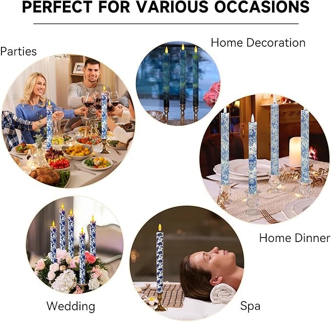 Chinoiserie LED Candles Remote Candlesticks-10inches Blue and White Battery Operated Candles Timer Floral LED Taper Candles Lights for Home Wedding Tea Party Windows Decor-RC2PC-BLUWHT