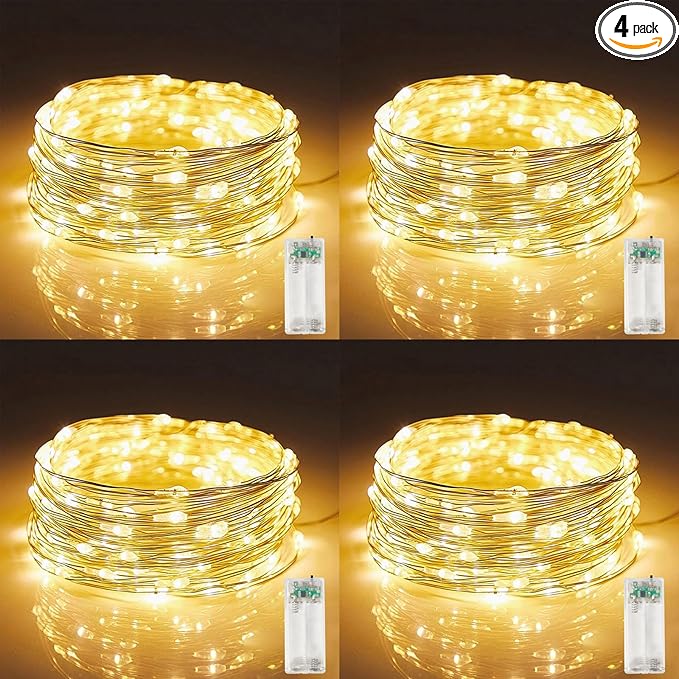 4 Pack Fairy String Lights,6.56FT 20LED,2AA Battery Operated,Timer Founction,Copper Wire String Lights, IP65 Waterproof,Indoor/Outdoor flexible for DIY ,Party, Bedroom, flowers decoration(Warm White)