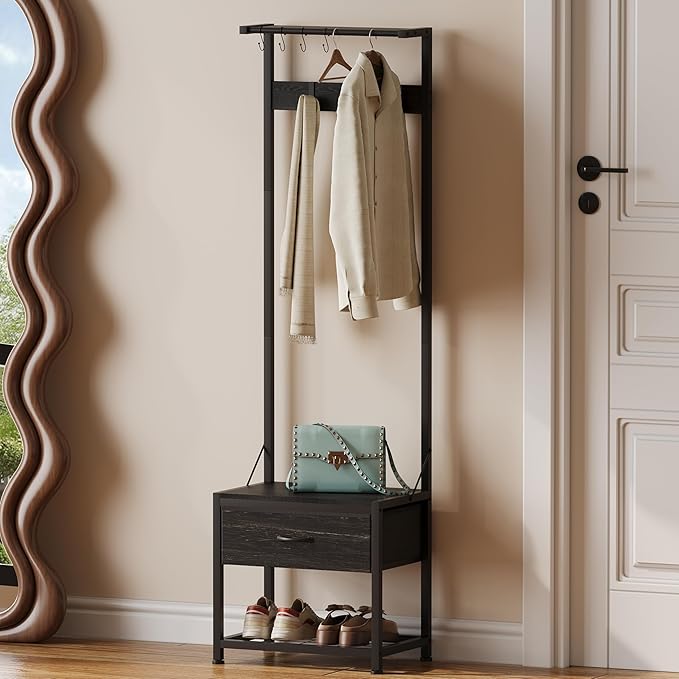 LUMTOK Hall Tree with Shoes Bench, Small Coat Rack with Fabirc Drawer and Shelf for Bedroom, 4-in-1 Entryway Organizer with Shoes Stool for Living Room, Entryway, Closets (Rustic Brown) (Black, Small)