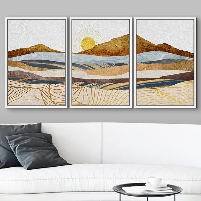 wall26 Framed Canvas Print Wall Art Set Gold Wave Geometric Mountain Range Nature Wilderness Illustrations Modern Art Decorative Landscape Zen for Living Room, Bedroom, Office - 16"x24"x3 White