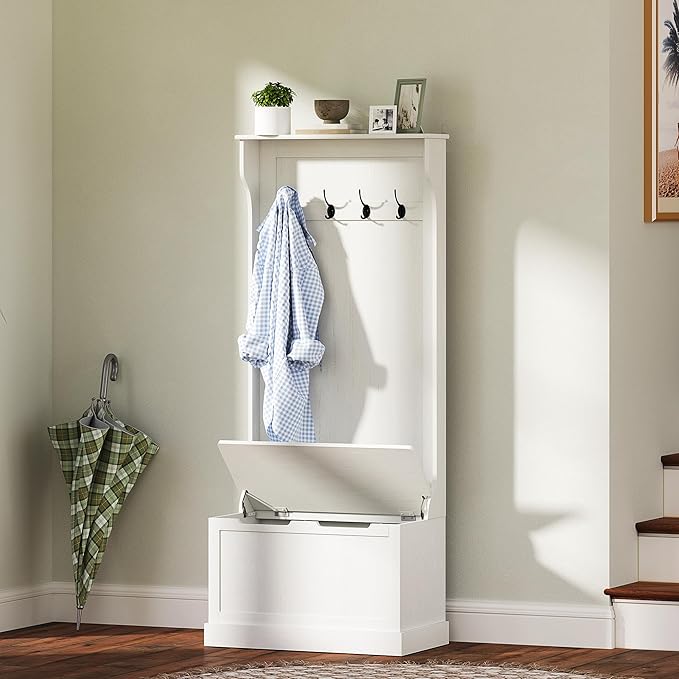HOMCOM Hall Tree with Bench and Shoe Storage, 3-In-1 Entryway Bench with Coat Rack, 4 Hooks and Flip Top Storage Compartment, Cream White