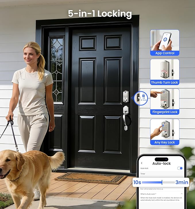 Veise VE017 Fingerprint Smart Door Lock, App Control, 8-in-1 Keyless Entry, Auto Lock, Emergency Power Port, Electronic Touchscreen Keypad, Biometric Smart Locks for Front Door, Satin Nickel
