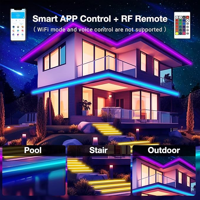 DAYBETTER 100ft Outdoor LED Strip Lights, Waterproof, IP67 Outdoor LED Lights with Remote, Bluetooth APP Control, Color Changing LED Rope Lights for Bedroom, Bathroom, Roof, Balcony, Pool