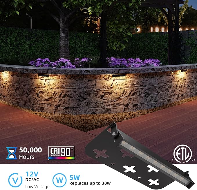 12 Pack 7 Inch Retaining Wall Lights, 5W LED Hardscape Lighting 12V AC/DC Low Voltage Step Lights Outdoor, 2700K Soft White IP65 Waterproof Landscape Lighting for Patio Walls Stairs, ETL