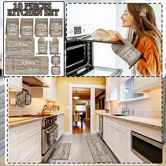 Fourluoo 10 Pcs Farmhouse Kitchen Decor and Accessories Set 4 Kitchen Towels 2 Pot Holders 2 Oven Mitts 2 Rugs for Cooking Baking Mom Housewarming Gifts(Brown,Classic Style)