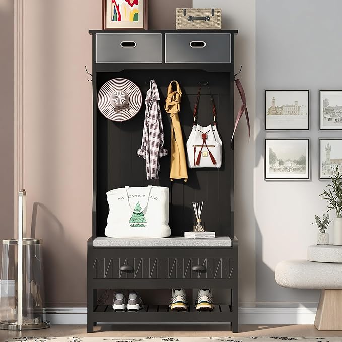 Hall Tree with Shoes Bench, Entryway Coat Rack with Storage Shelves and Drawers, 33.5''W Coat Hanger for Entrance, Hallway (Black)