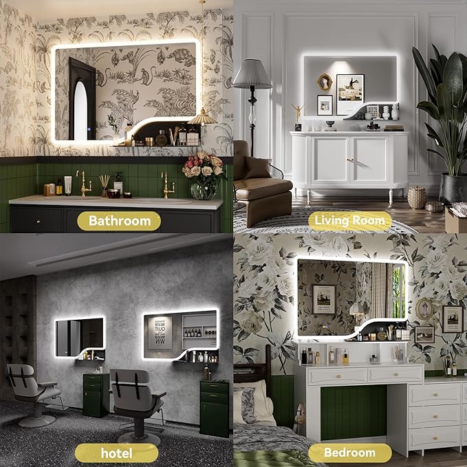 32"x 48" LED Bathroom Mirror with Shelf, 3 Colors Backlit Vanity Mirror with Lights, Wall-Mounted Large Bathroom Mirror with Lights, Smart Mirror with Anti-Fog, Stepless Dimmable, Memory (ETL)