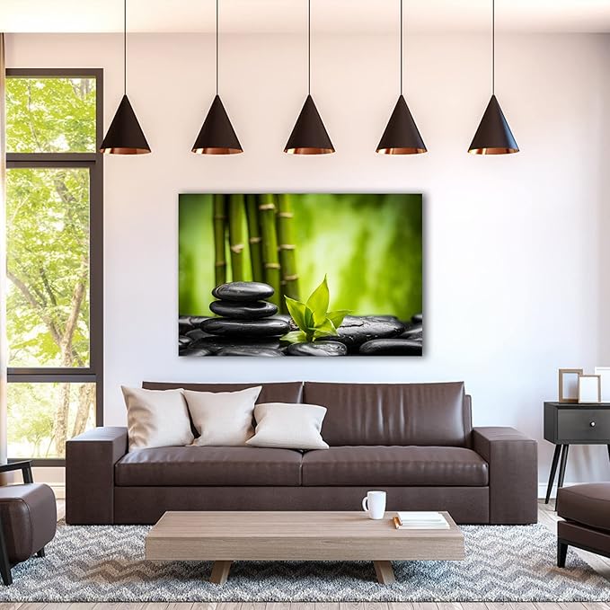 GUTTATY Zen Wall Art Decor, Modern Bathroom Zen Decor Wall Art, Relaxing Canvas Wall Art for Spa Zen Room Decor, Green Bamboo Forest and Pebble Art Prints for Office & Spa Wall Decor 24x36 Inches