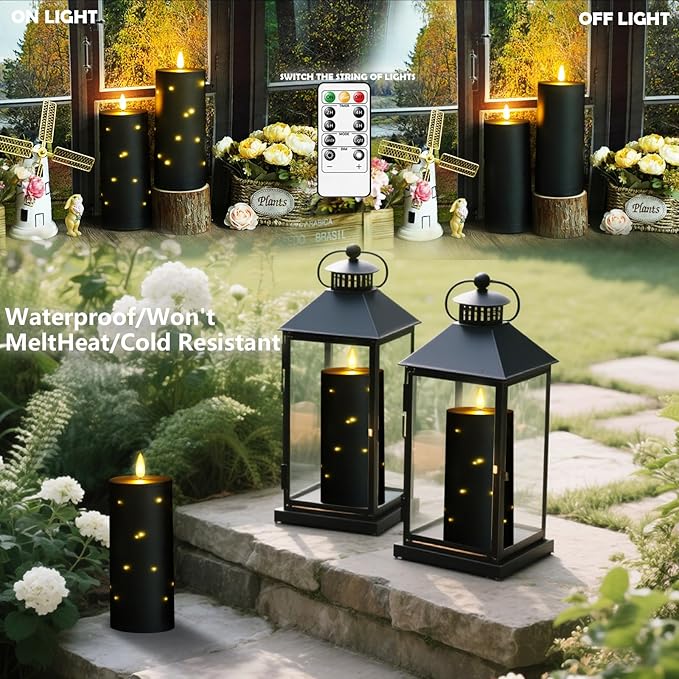10" x 4" Large Outdoor Waterproof Flickering Flameless Candles with Timer,2Pcs Battery Operated LED Pillar Candles with Embedded Star String for Outdoor Lanterns,Porch,Patio Decor(Black)