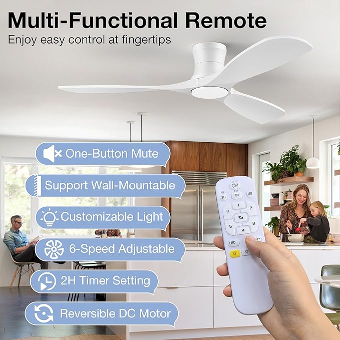 52inch Wood Ceiling Fans with Lights and Remote,Low Profile Modern White Ceiling Fan with Light,Outdoor Indoor Flush Mount Ceiling fan,for Bedroom Living room Patio,3 Blades,Dimmable LED,Quiet