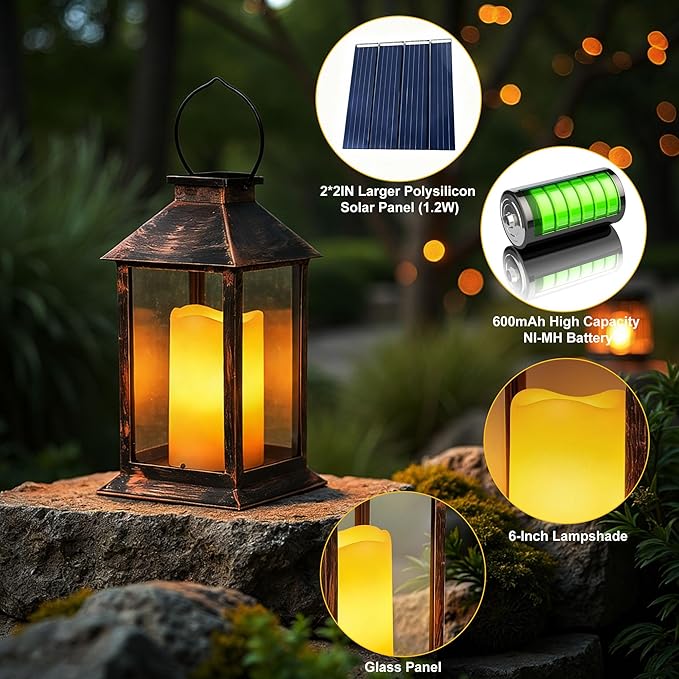 2 Pack 14 Inch Solar Lanterns Outdoor Waterproof with Flickering Flameless Candles, Outdoor Garden Hanging Lantern Decorative for Patio Front Porch Backyard Balcony Cabin Outside Table