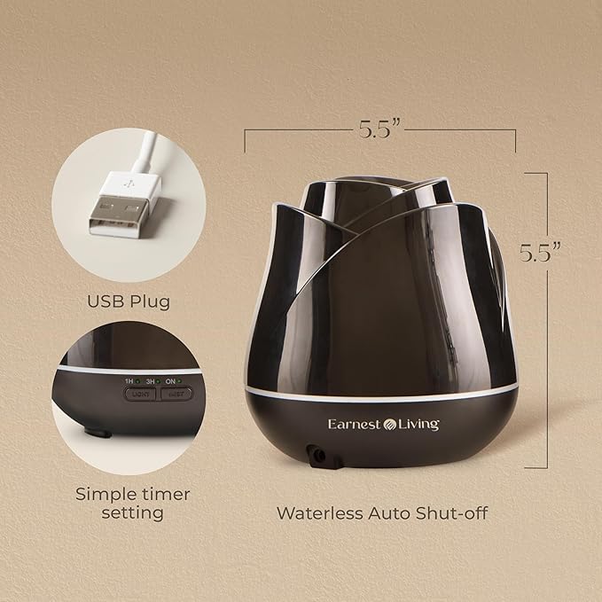 Earnest Living Rose Essential Oil Diffuser 150ml – Mini Ultrasonic Aromatherapy Humidifier for Bedroom & Desk, Quiet Mist, USB Powered, 7-Color Night Light, Valentine's Gift for Women, Solid Black