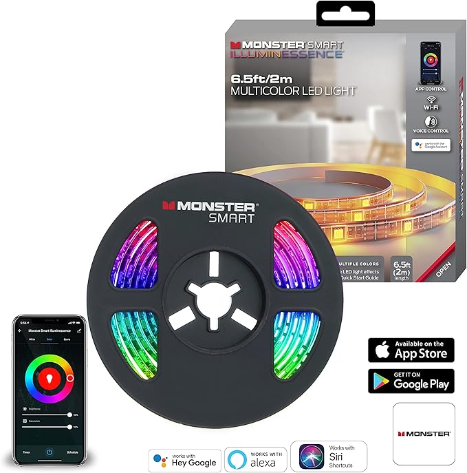 Monster LED Strip Short Wi-Fi Multi-Color LED Light Strip 6.5Ft, Smart App, Customizable Settings, Any Space, Voice-Control, Alexa, Google Assistant, Easy Installation