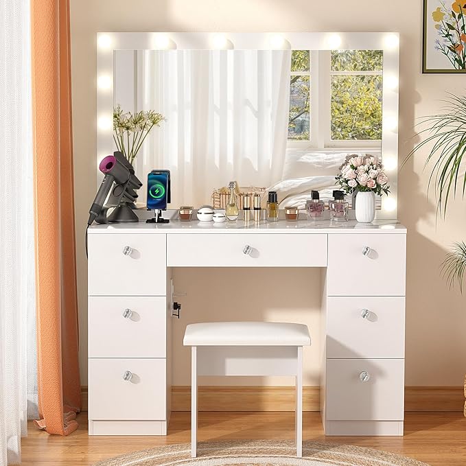 SMOOL Vanity with Lighted Mirror, Makeup Vanity Desk with Power Outlet and LED Bulbs, 3 Color Lighting Modes Adjustable Brightness, 7 Drawers Vanity Table with Cushioned Stool for Bedroom, Marble