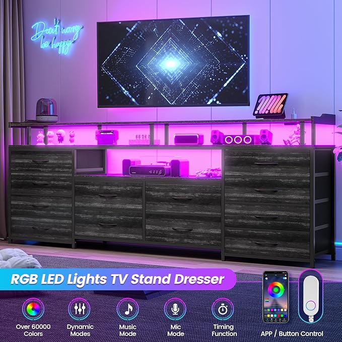 BTHFST 12 Drawers TV Stand Dresser for 65/70 inch TV, Entertainment Center with LED Lights & Power Outlets, 63" Large LED TV Stand, TV Console for Bedroom