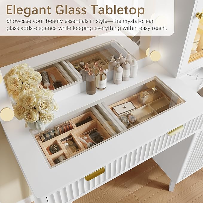 45'' Fluted Makeup Vanity Desk with LED Lights Mirror & Charging Station, Modern Glass Top Vanity Table with 5 Drawers & Glass Cabinet, Dressing Table for Bedroom, Living Room, White