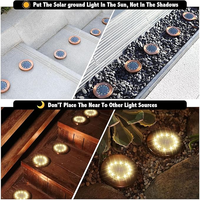 Solar Ground Lights Outdoor Waterproof Flat Garden Solar Disk Lights Floor 12 LED 8 Pack for Garden Patio Pathway Landscape Driveway Yard Path Decor
