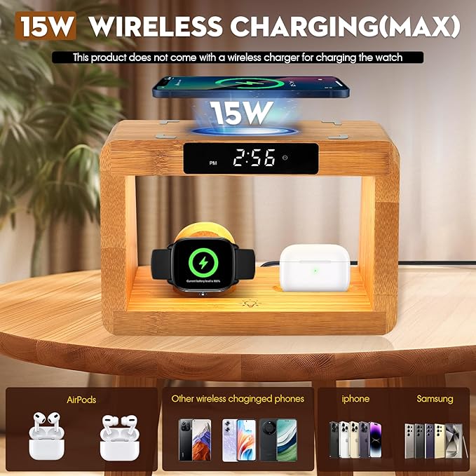 Wooden Bedside Table Lamps for Bedroom with Wireless Charger, nightstand lamp with Charging Station, 3 Night Light Modes Dimmable Touch Bedside Lamps with Alarm Clocks Lamps for Night Stands