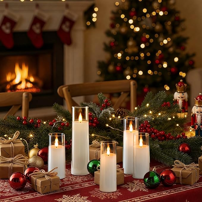 Amagic Pure White Flameless Candles, Battery Operated Candles, Acrylic Flickering LED Pillar Candles with Remote Control and Timer, 3D Wick, Yellow and Blue Glow, D2.2 xH5 5" 6" 7" 8", Set of 5